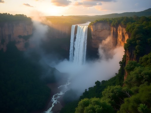 Dramatic view of Angel Falls cascading from Auyantepui through misty clouds