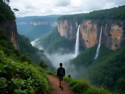 Hiking trail viewpoint of Tepui Kukenan with dramatic cliffs and cascading waterfalls