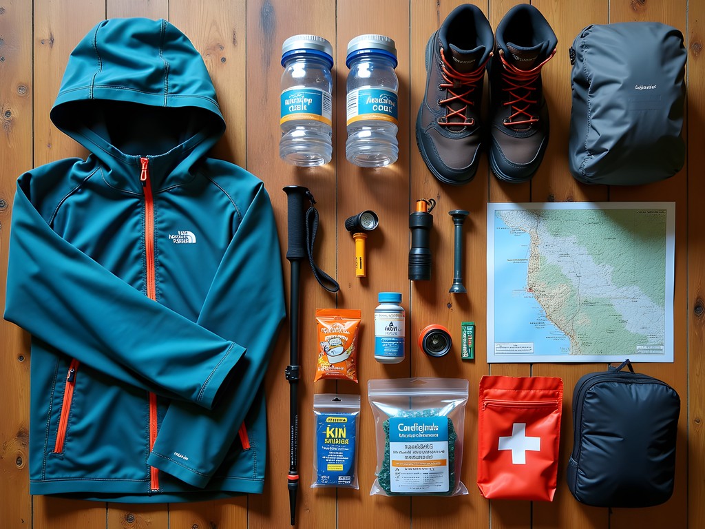 Essential hiking gear laid out for tepui day trip adventure from Ciudad Guayana