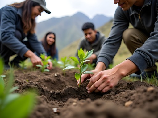 Tree planting conservation project on the slopes of Tunari Mountain with local volunteers