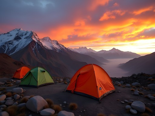 High camp on Tunari Mountain with tents against dramatic sunset