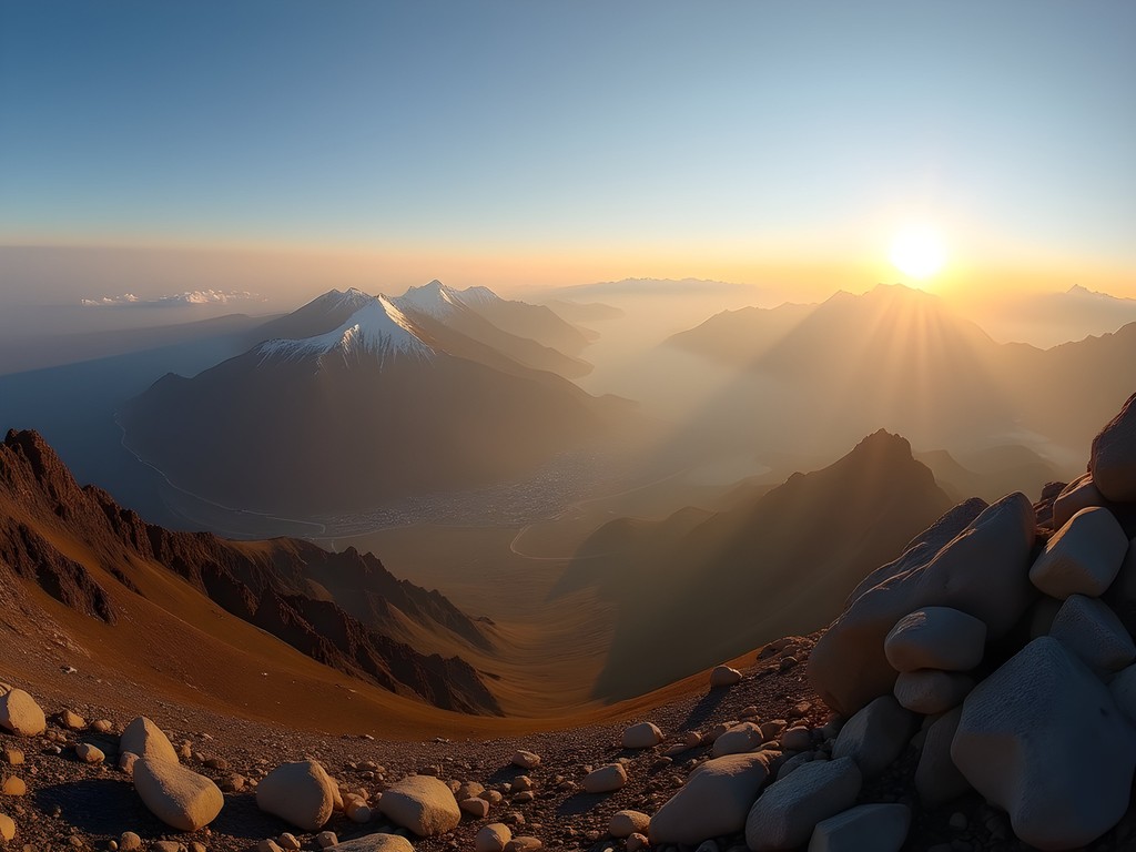 Panoramic view from Tunari Mountain summit at sunrise showing Cochabamba valley