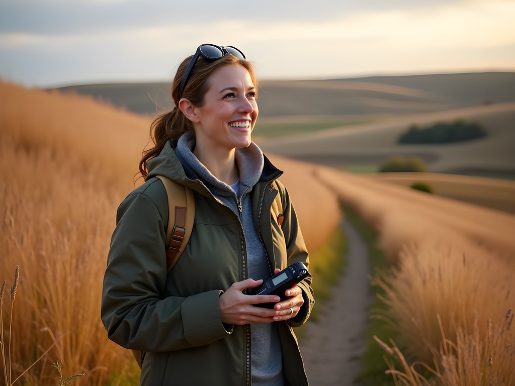 Woman recording natural sounds on Loess Hills ridgeline with portable recorder