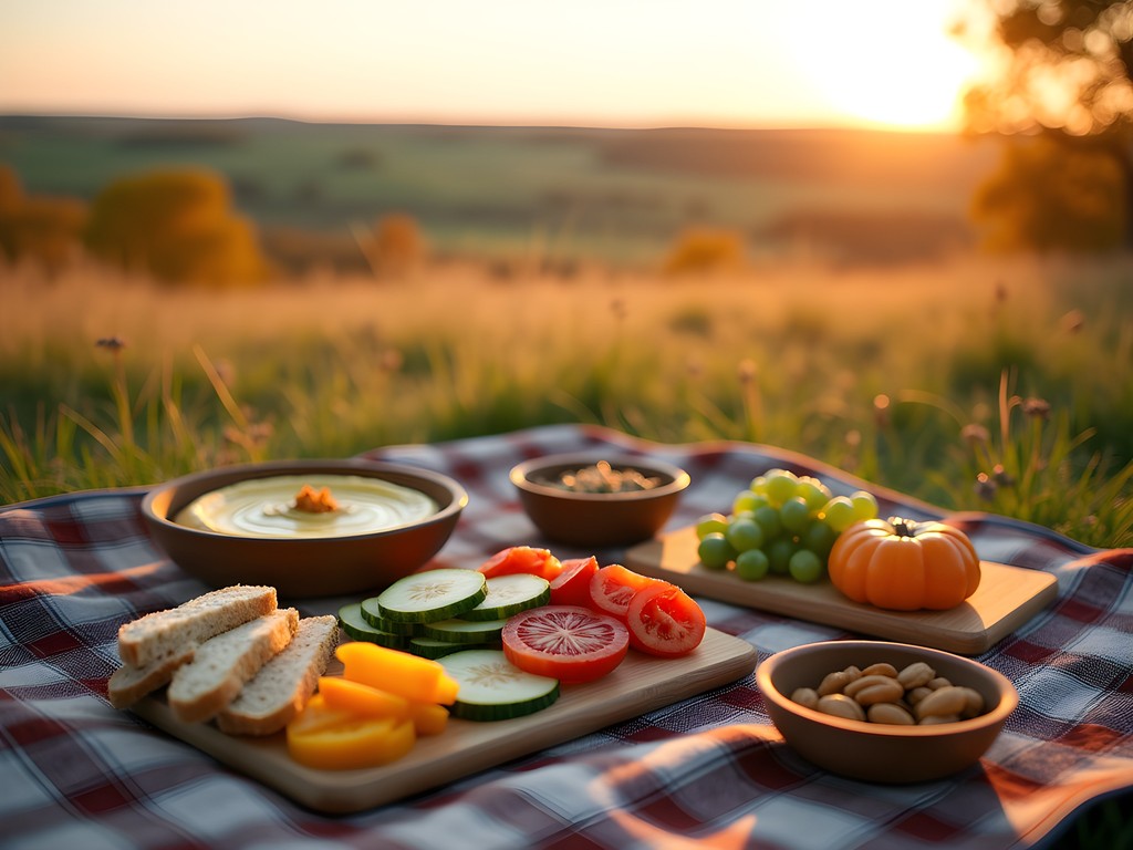 Vegan picnic spread with local foods at scenic Loess Hills overlook