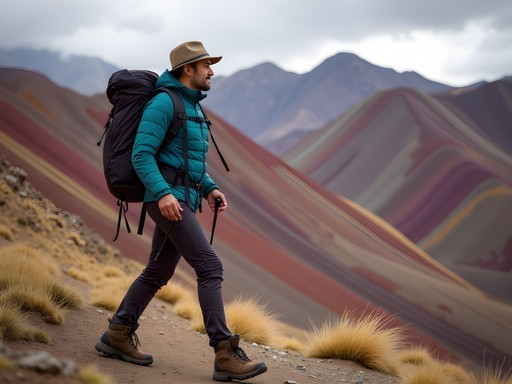 Hiker wearing proper layered clothing for Rainbow Mountain trek in Peru
