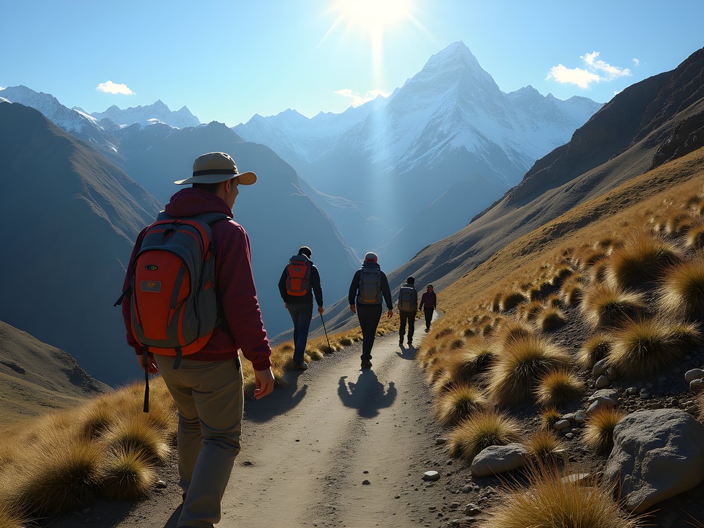 Hikers navigating the steep trail to Rainbow Mountain viewpoint with local guides