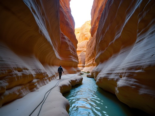 Narrow passage in Darga Canyon with limestone walls and technical climbing section