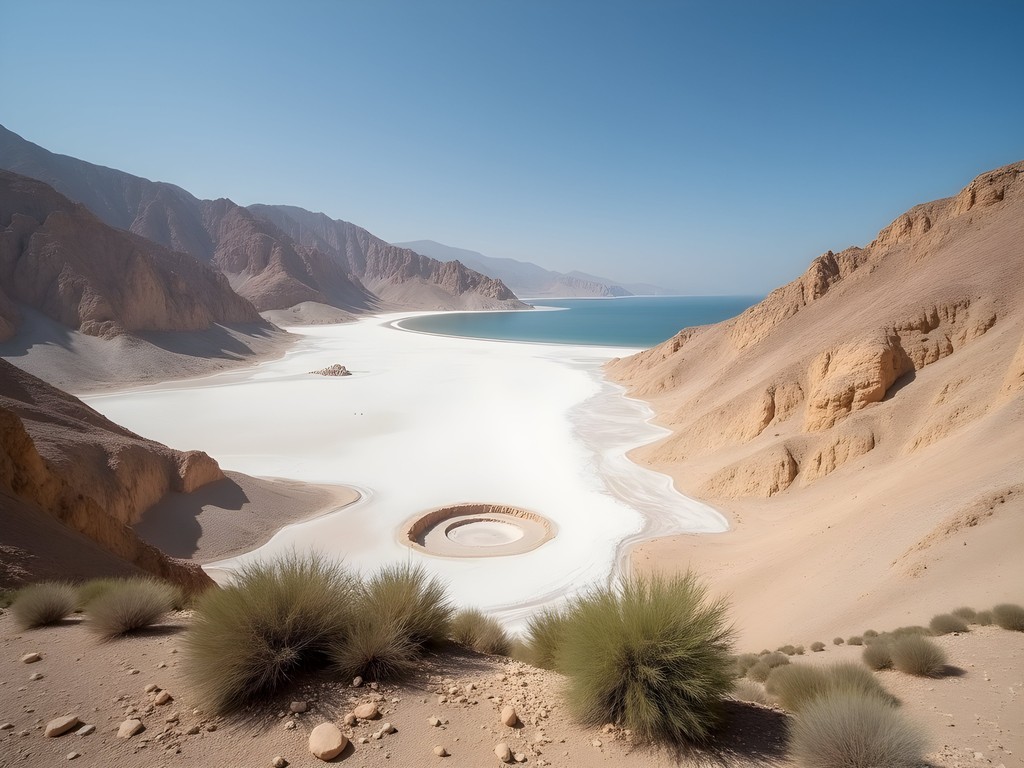 Environmental changes visible along Dead Sea shore with receding waterline and exposed salt flats