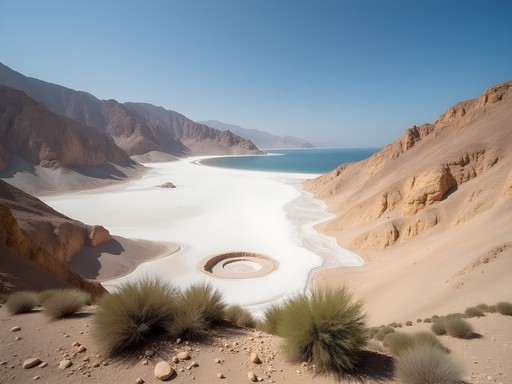 Environmental changes visible along Dead Sea shore with receding waterline and exposed salt flats