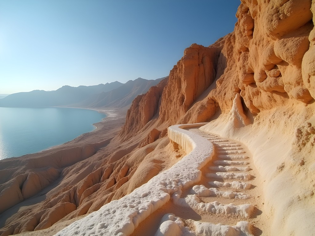 Dramatic salt formations and geological layers visible in mountains surrounding Dead Sea Basin