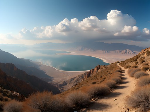 Panoramic view of Dead Sea and Jordan mountains from hiking trail between Ein Gedi and Masada