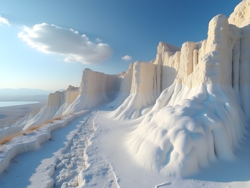 Salt pillars and formations on Mount Sodom trail with Dead Sea in background