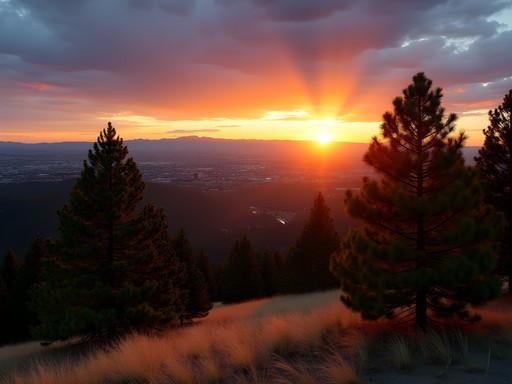 Sunset view from Mount Falcon Park showing Denver skyline with mountains in background