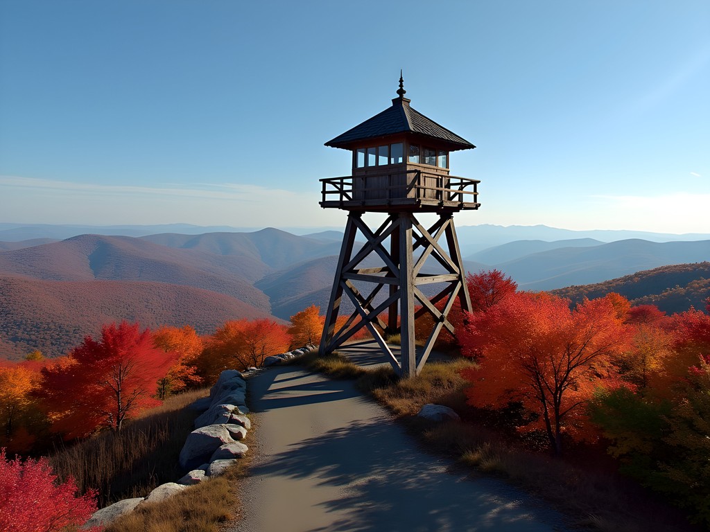 Fire tower atop Blue Job Mountain surrounded by peak fall foliage