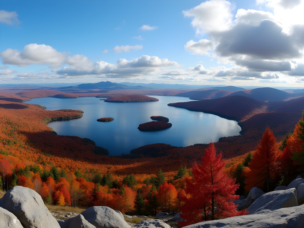 Panoramic view of Lake Winnipesaukee from Mount Major summit in fall