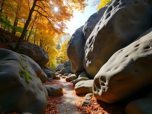Massive granite boulders surrounded by fall foliage at Pawtuckaway State Park