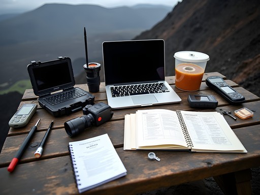 Technical research equipment laid out for data collection in volcanic field environment
