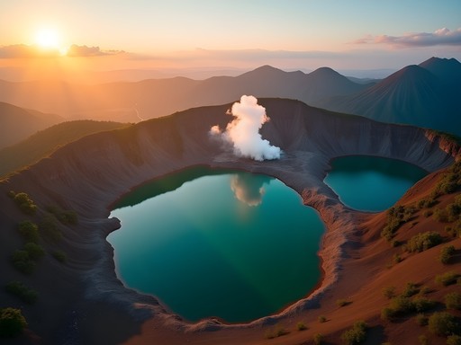 Aerial view of Mount Kelimutu's three colored crater lakes in Flores, Indonesia at sunrise