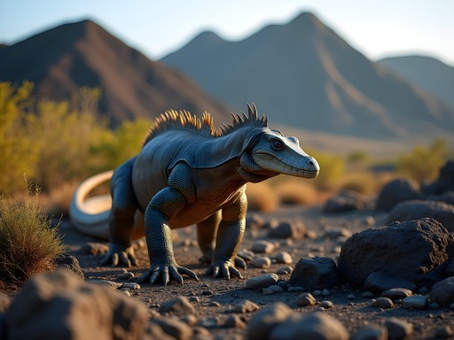 Komodo dragon walking across volcanic rock landscape with dramatic lighting