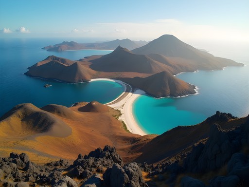Panoramic view from Padar Island summit showing three distinct colored bays and volcanic landscape