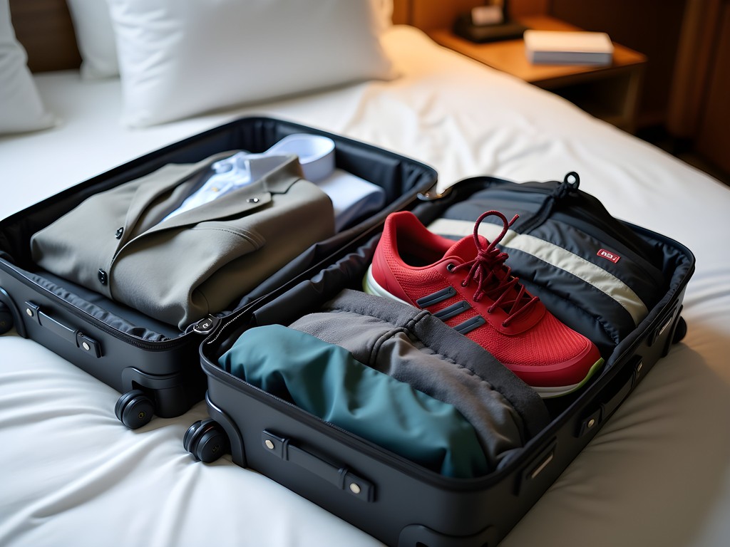 Professional woman's luggage showing business and hiking gear organization