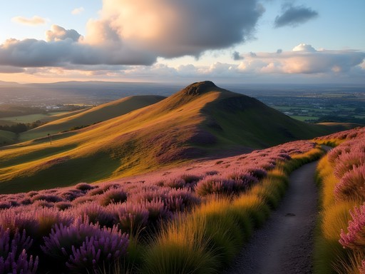 Pentland Hills purple heather landscape with Edinburgh skyline in distance