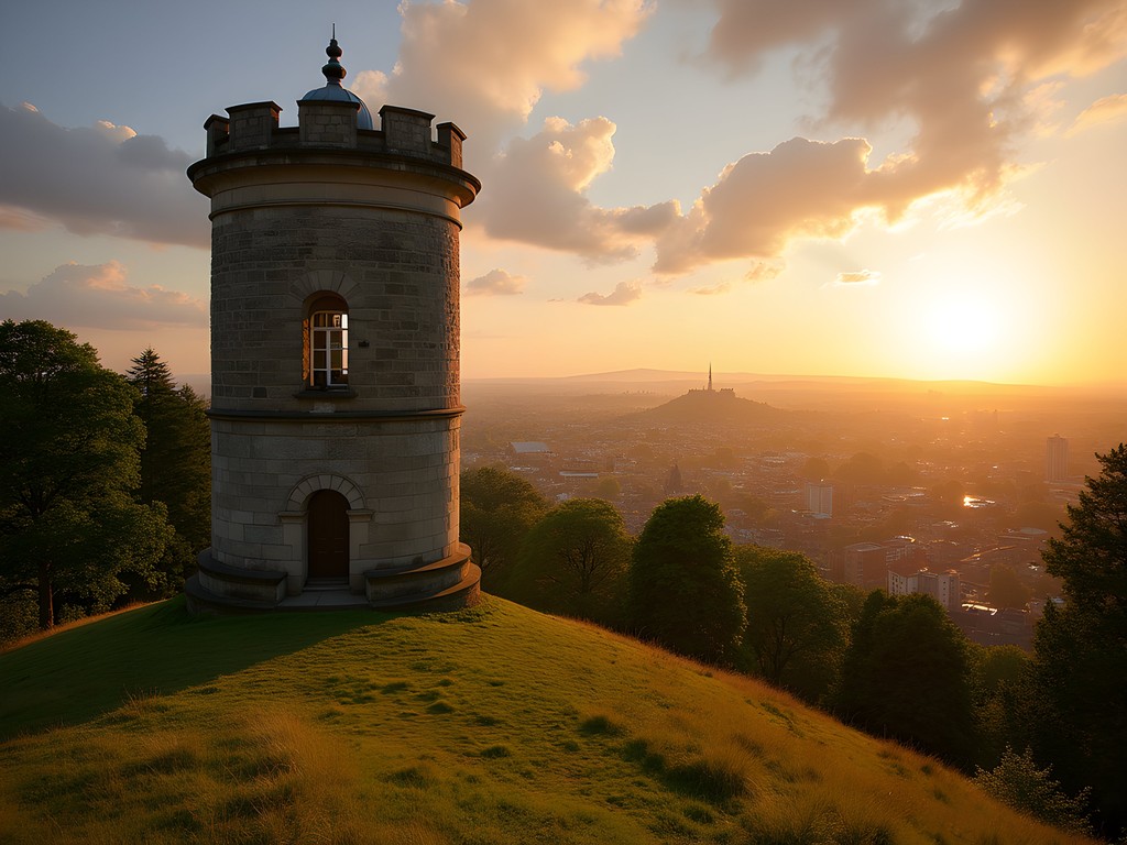 Clermiston Tower on Corstorphine Hill at sunset with Edinburgh skyline