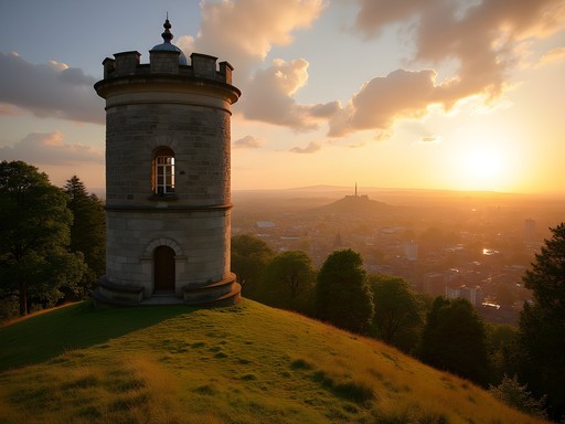 Clermiston Tower on Corstorphine Hill at sunset with Edinburgh skyline