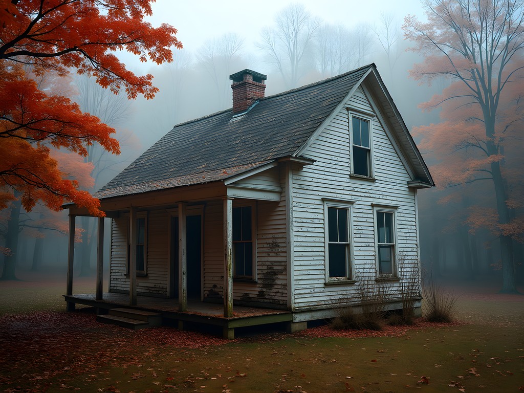 Abandoned historic building at Feltville Deserted Village surrounded by autumn forest in Watchung Reservation