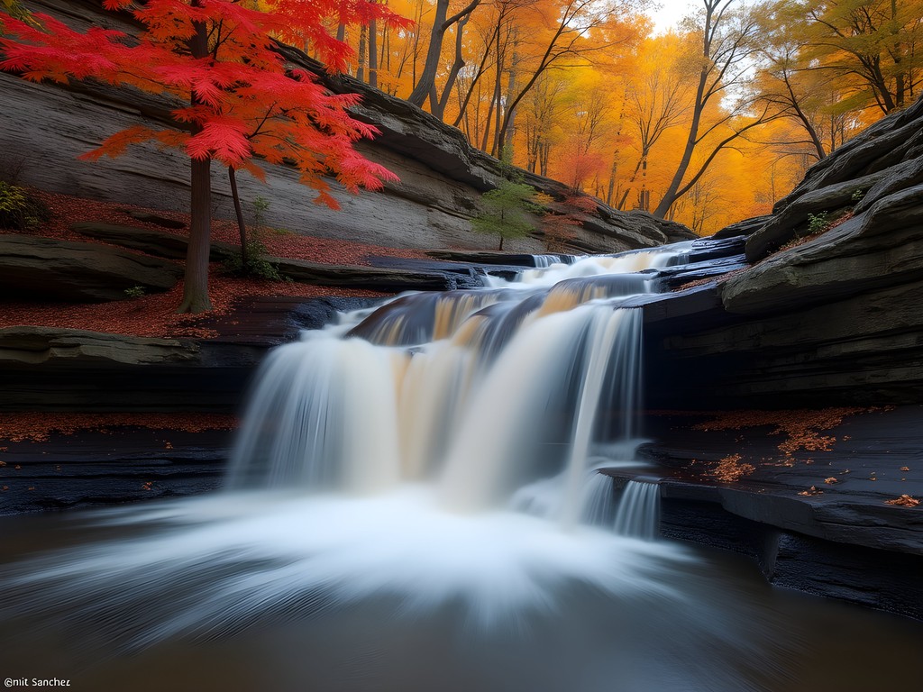 Hemlock Falls waterfall in South Mountain Reservation surrounded by autumn foliage