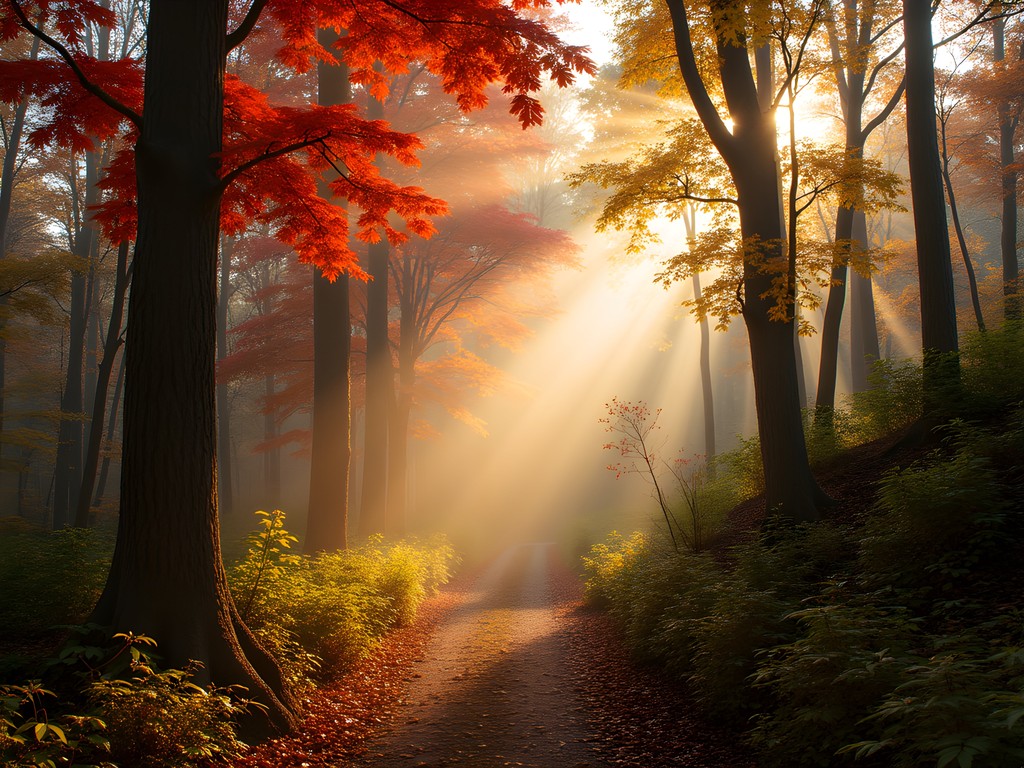 Golden morning light filtering through vibrant autumn forest canopy on Watchung Mountain trail