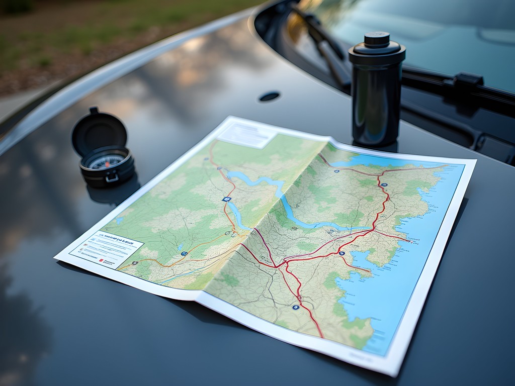 Hiker planning route with trail map of Watchung Reservation spread out on car hood