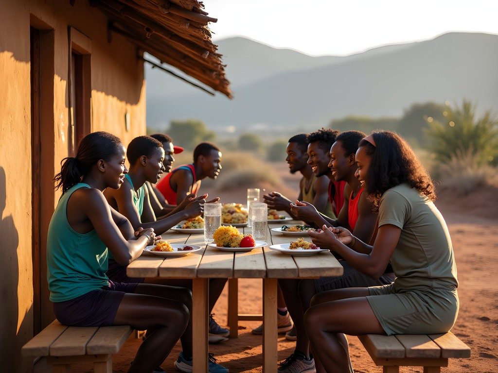 Group of Kenyan runners sharing post-run meal and conversation outside simple building