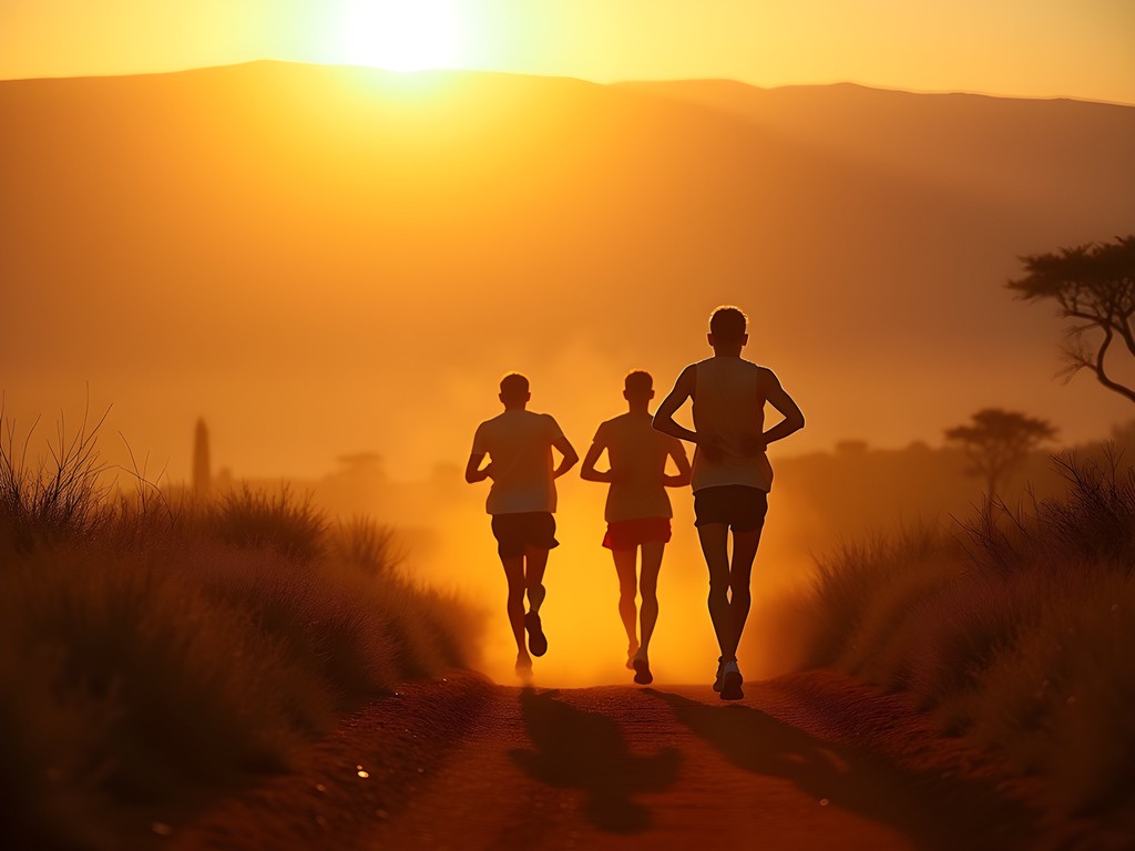 Group of runners on dirt trail at sunrise with misty hills of Eldoret in background