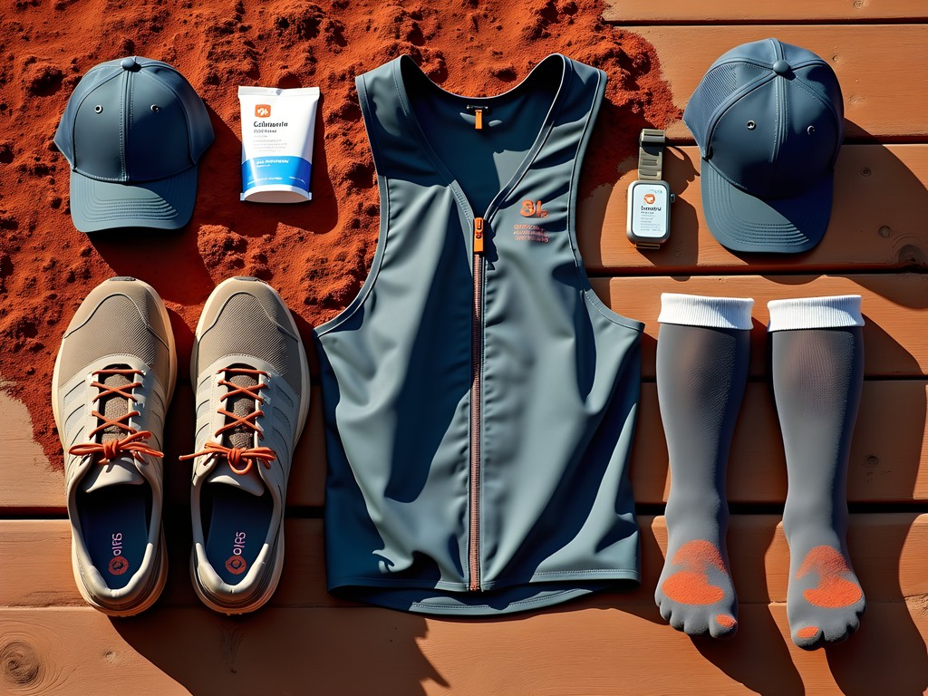 Trail running gear laid out including mud-covered shoes, hydration vest, and sun protection items