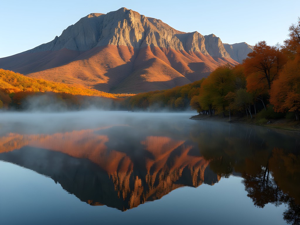 Fall foliage reflecting in Lake Altus-Lugert at Quartz Mountain Nature Park near Enid, Oklahoma
