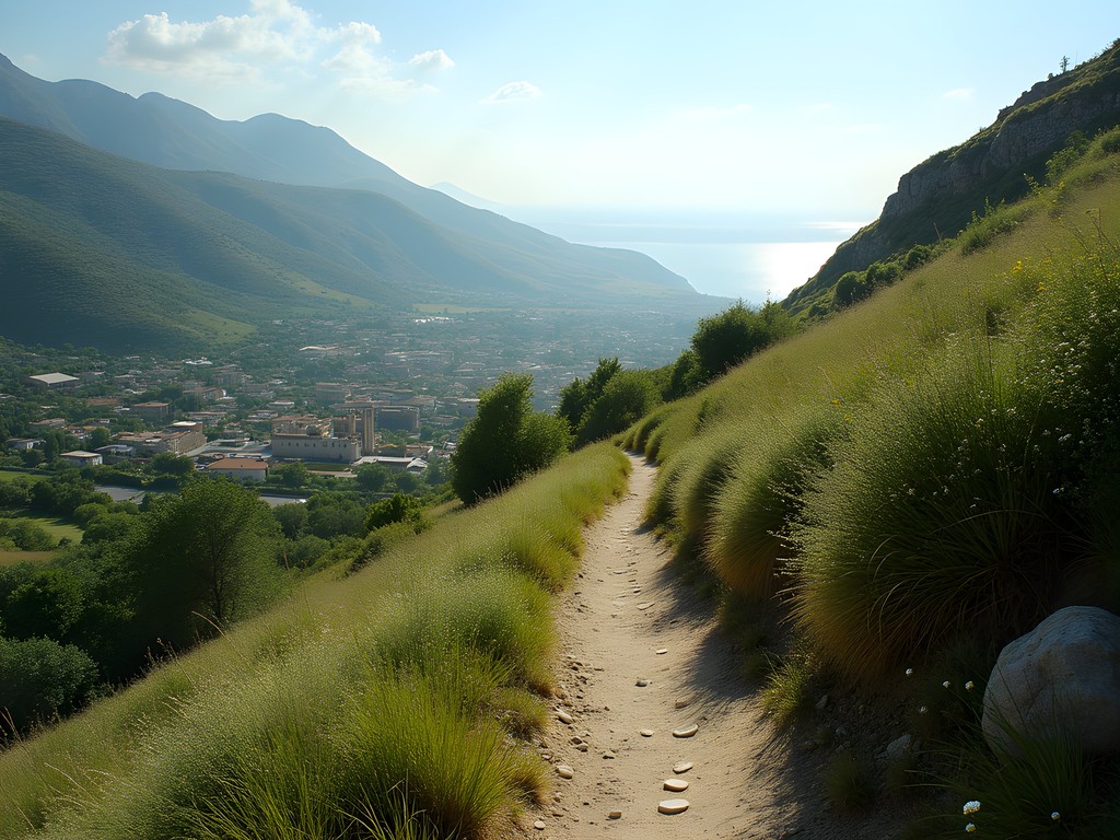 Ancient trail through Ephesus highlands with Aegean Sea view