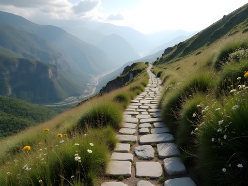 Experienced traveler hiking ancient stone path near Delphi with mountain views