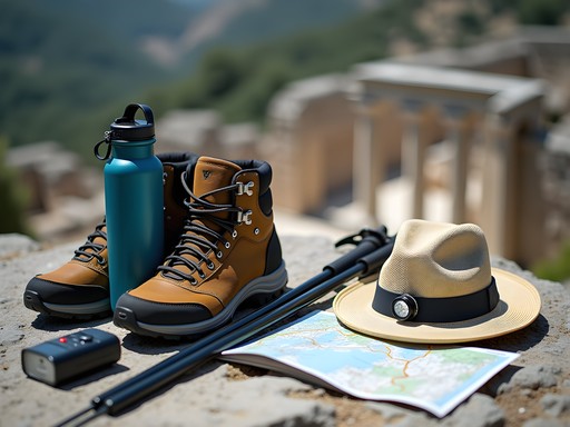 Experienced traveler displaying essential mountain hiking gear with ancient ruins backdrop