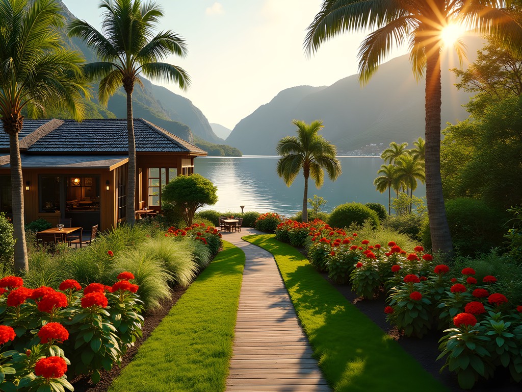 Lush tropical gardens at Flor & Fjære island restaurant near Stavanger