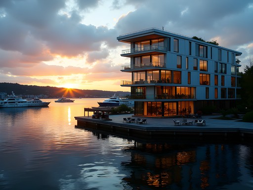 Oslo waterfront at midnight sun with The Thief hotel visible
