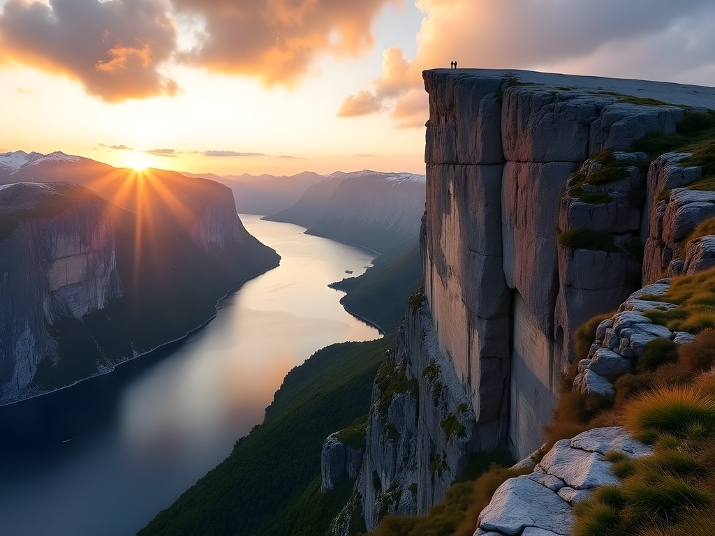 Preikestolen cliff edge with dramatic fjord views at evening light