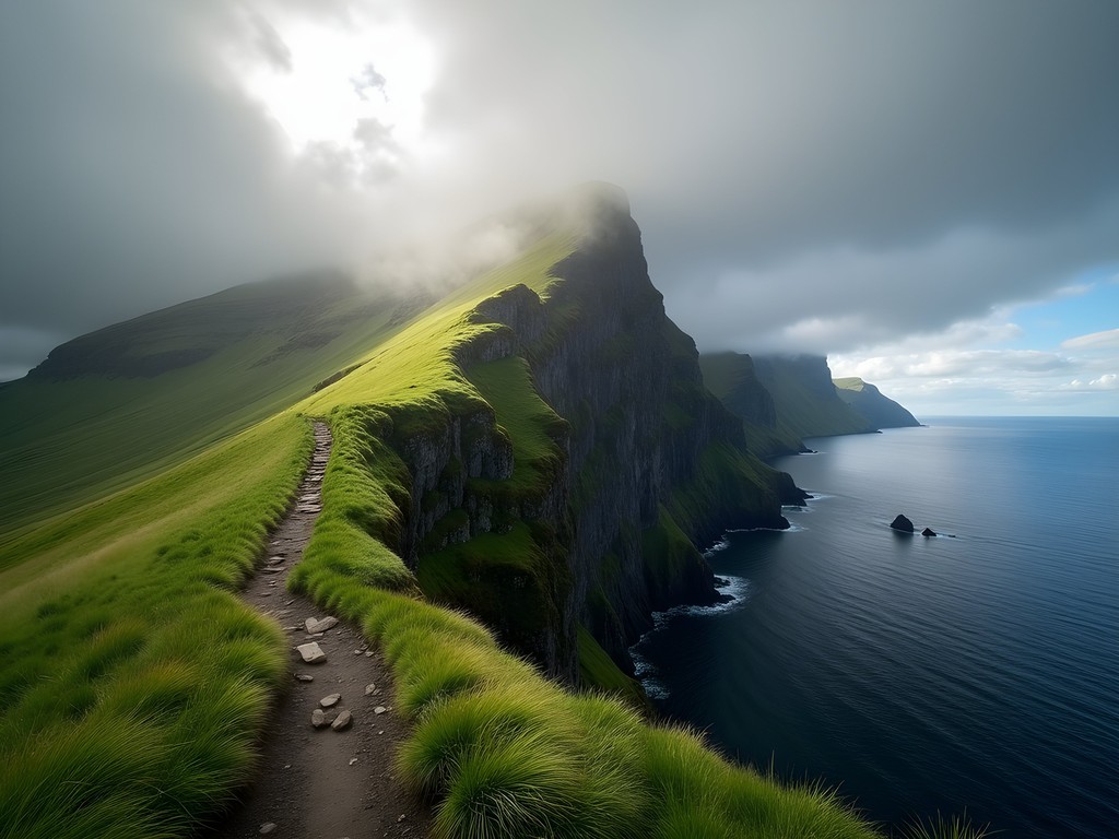 Dramatic weather change over Faroe Islands mountain trail