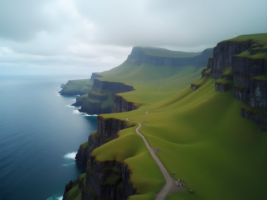 Dramatic ridge trail leading to Kallur Lighthouse on Kalsoy island in the Faroe Islands