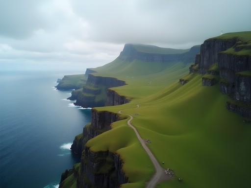 Dramatic ridge trail leading to Kallur Lighthouse on Kalsoy island in the Faroe Islands