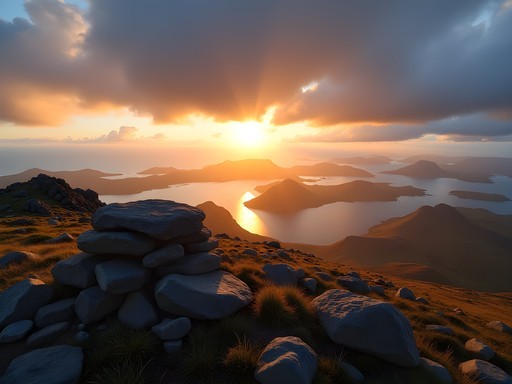 Sunrise view from Slættaratindur mountain summit in Faroe Islands