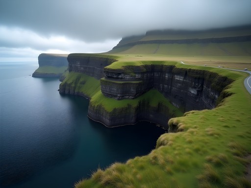 Optical illusion view at Trælanípa cliff showing Lake Leitisvatn appearing to hover above the ocean