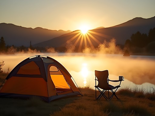 Sunrise view from campsite at Horsetooth Reservoir with tent and mountains