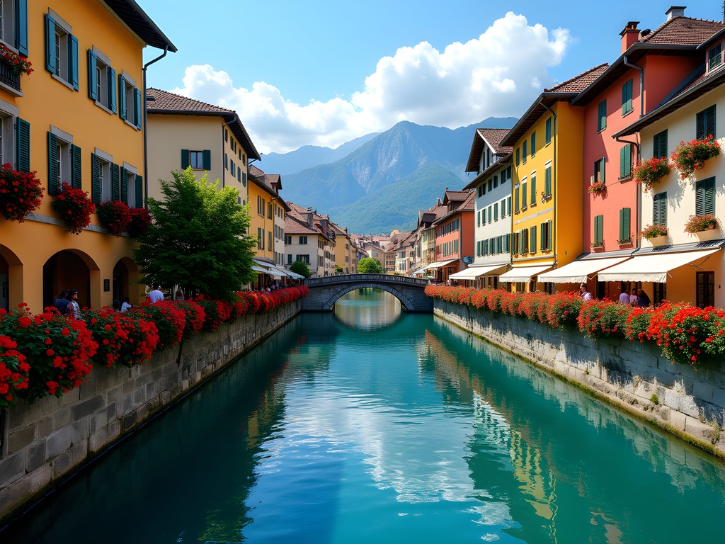 Flower-lined canals of Annecy old town with mountain backdrop
