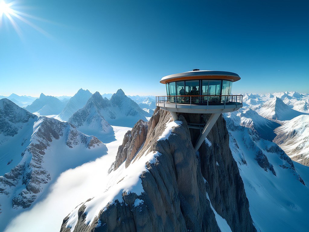 Panoramic view from Aiguille du Midi viewing platform overlooking Mont Blanc massif